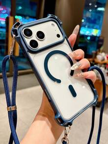 斜背掛繩項鍊透明手機殼，適用於磁吸無線充電手機，相容於 18 Pro Max、17 Pro Max、17 Pro、17 Air、17、16、15、11、12、13、14 Pro Max Plus，防丟保護套 - 深藍色 - 查看 3