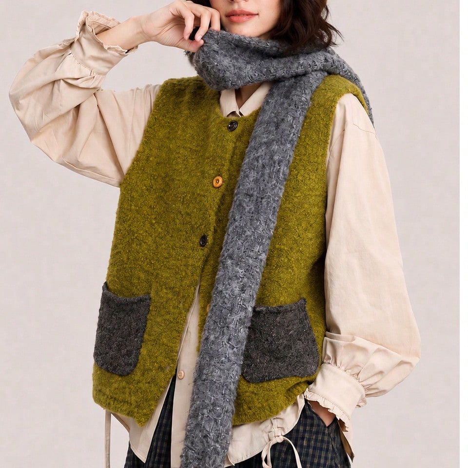 Women's Autumn/Winter Wool Blend Yarn Casual Minimalist Versatile Artistic Style Contrast Color Pocket Design Cardigan Vest Fall