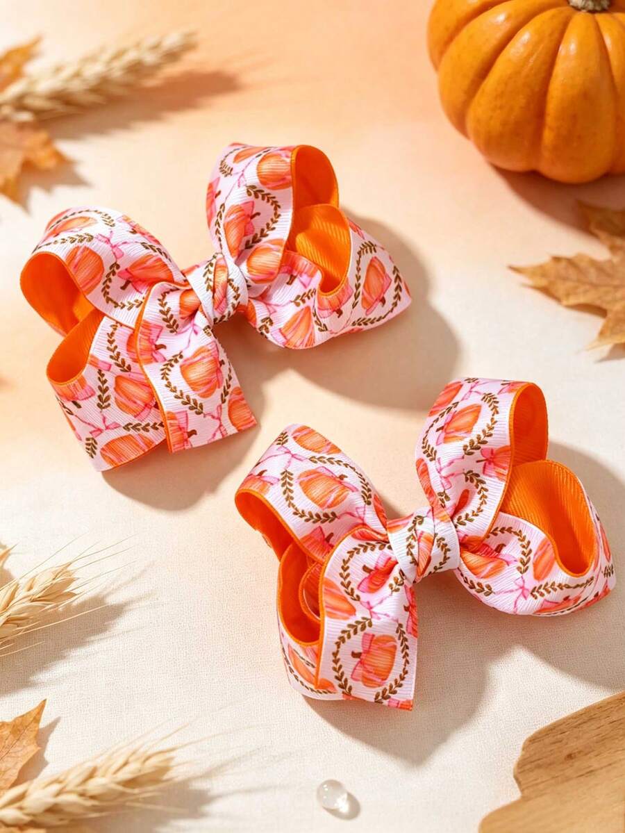 2pcs Pumpkin Print Satin Bow Hair Clips, Girls Thanksgiving Theme Alligator Clips, Sweet Autumn Children Hair Accessories - Multicolor - View 1