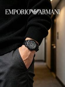 Armani Men's Luigi Automatic Skeleton Watch Black Open‑Work Dial Black Leather Strap Stainless Steel Case Mechanical Watch AR60008 - Black - View 3