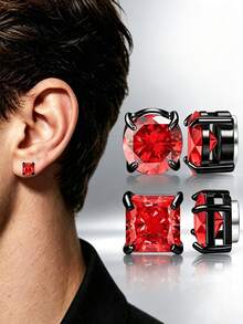 2 Pairs 304 Stainless Steel Cubic Zirconia Ear Clips, No Piercing Painless Wear, Black Base Four-Prong Round & Square Rhinestones, Low-Allergy Dark Punk Style, Unisex Versatile, Suitable For Daily Wear & Party, Exquisite Gift - 2 Pairs Ear Clips Set - View 1