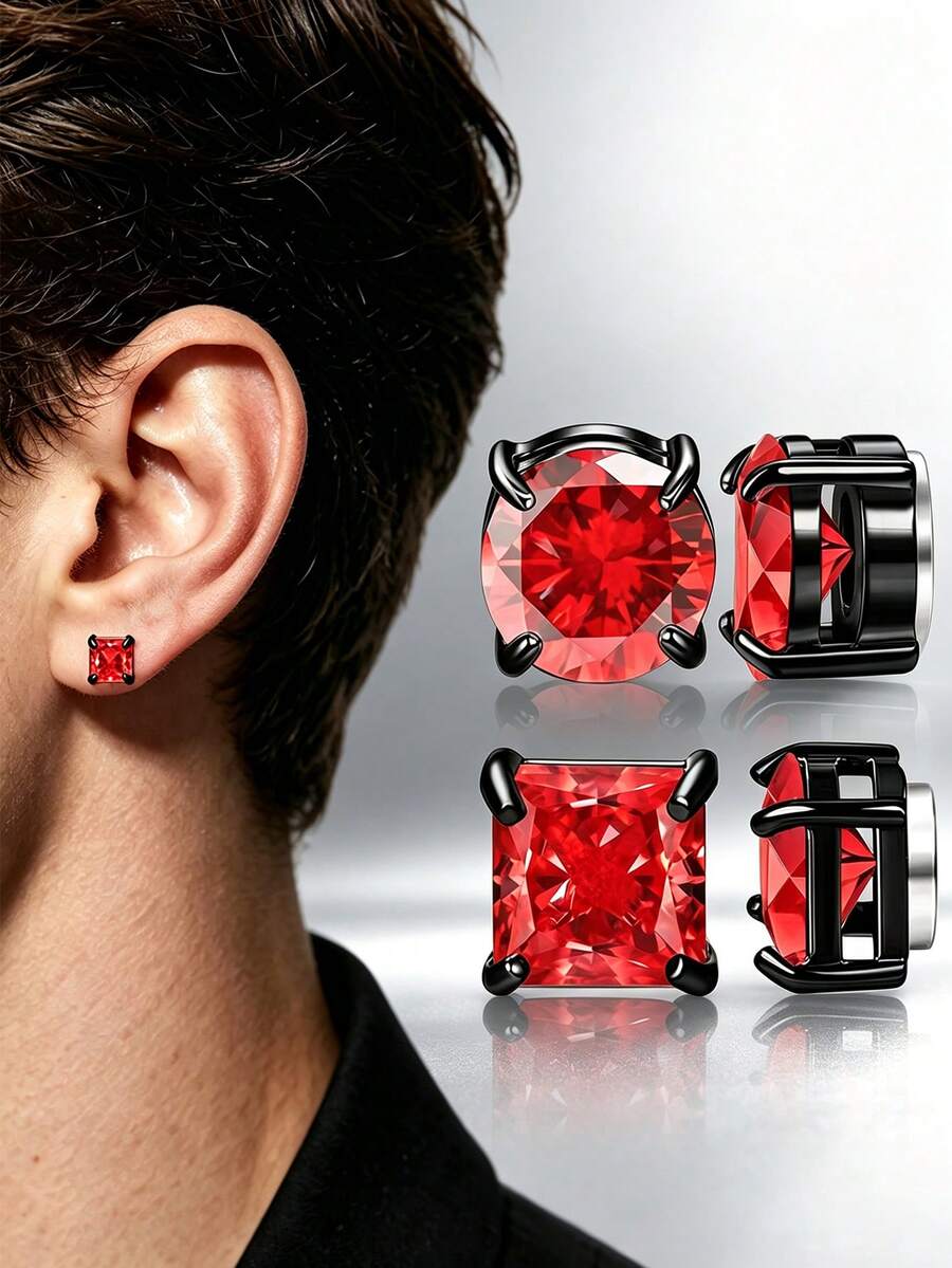 2 Pairs 304 Stainless Steel Cubic Zirconia Ear Clips, No Piercing Painless Wear, Black Base Four-Prong Round & Square Rhinestones, Low-Allergy Dark Punk Style, Unisex Versatile, Suitable For Daily Wear & Party, Exquisite Gift - 2 Pairs Ear Clips Set - View 1