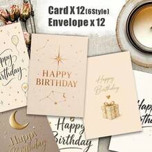 12 Tarjetas de Felicitación + 12 Sobres Elegantes Tarjeta de Felicitación de Cumpleaños, Diseño de Estrella y Luna con Lámina Dorada Feliz Cumpleaños, Perfecto para Amigos, Celebración de Cumpleaños Estilo Minimalista Papelería. - Conjuntos - Ver 8