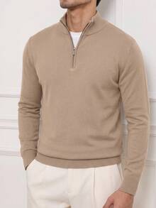 Autumn/Winter Plus Size Men's Half-Zip Half-High Neck Knit Sweater, Loose Fit, Casual Commuter Style, Versatile Long Sleeve Pullover Inner Layer - Camel - View 4