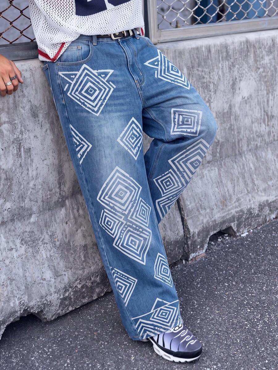 Men's Blue Geometric Pattern Loose Wide Leg Jeans - Blue - View 1
