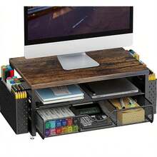 Monitor Stand Riser, Multifunctional Computer Stand, Wooden Desk Accessories And Organizer With Drawer And 2 Pen Holder, Desk Monitor Riser For Screen, Ergonomic Desktop Stand For Home Office Desk Space-Saving Accessory - Wood - View 2