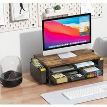 Monitor Stand Riser, Multifunctional Computer Stand, Wooden Desk Accessories And Organizer With Drawer And 2 Pen Holder, Desk Monitor Riser For Screen, Ergonomic Desktop Stand For Home Office Desk Space-Saving Accessory - Wood - View 6