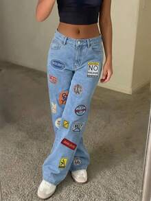 Quần jean denim ống rộng dài phong cách Y2K dáng suông rộng kiểu boyfriend, streetwear thường ngày, màu wash, có túi, dành cho nữ - Rửa nhẹ - Xem 5