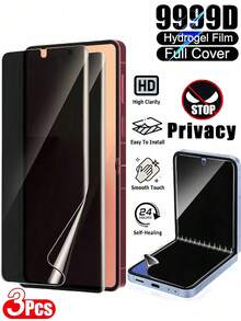 3pcs Privacy Anti-Peeping Hydrogel Film, Compatible With Samsung Galaxy Z Flip 7 Z Flip6 Z Flip5 Z Flip4 Z Flip3, Soft Screen Protector, Ultra Clear Front Display, Side Privacy Protection, Smooth Touch, Anti-Scratch, Anti-Dust, Waterproof, Anti-Fingerprint, Durable - Black - View 13