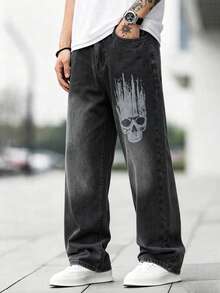 Men's Skull Digital Print Pocket Wide Leg Loose Casual Denim Jeans - Black - View 3