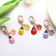 2 Pcs Assorted Colors Ladybug Flower Keychains, Zinc Alloy Enamel Bag Charms, Cute Insect‑Themed Pendants For Keys Backpack Decor - Multicolor - View 2