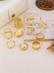 Juego de 10 anillos para dedo minimalistas exagerados de geometría irregular para mujer, lisos, sencillos y gruesos, accesorios de joyería asimétrica - Amarillo Oro - Ver 3