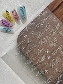 1pc Sliver Alphabet Pattern Nail Stickers - Butterfly Wing Letter Mixed Design Holographic Y2K Style Nail Decals Simple DIY Self-Adhesive Nail Art Decorations For Women Manicure Supplies - Silver - View 1