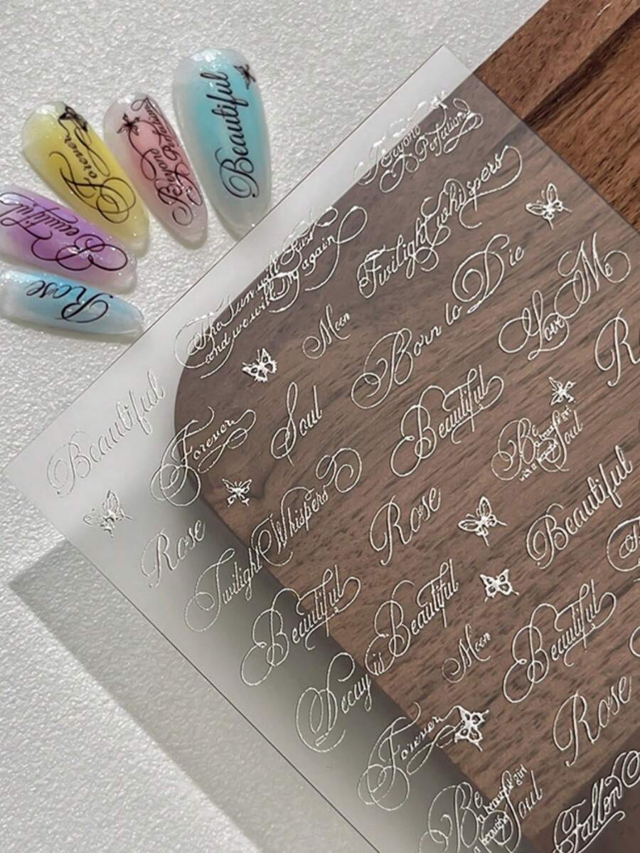 1pc Sliver Alphabet Pattern Nail Stickers - Butterfly Wing Letter Mixed Design Holographic Y2K Style Nail Decals Simple DIY Self-Adhesive Nail Art Decorations For Women Manicure Supplies - Silver - View 1