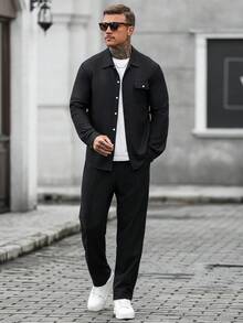 Men's Casual Solid Color Single-Breasted Long Sleeve Shirt And Pants Set - Black - View 1