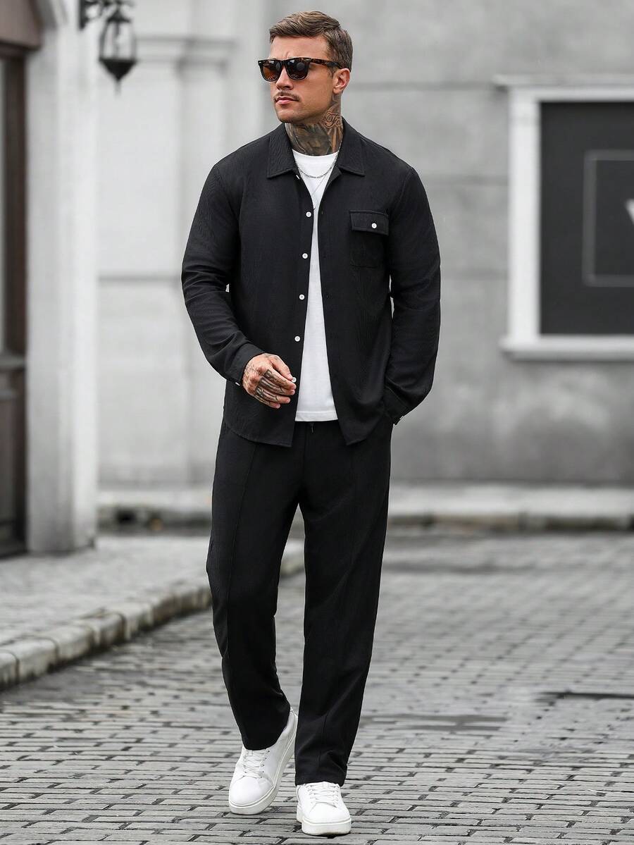 Men's Casual Solid Color Single-Breasted Long Sleeve Shirt And Pants Set - Black - View 1