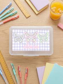 1pc Custom Text Transparent Pencil Box, Personalized Stationery Organizer, Cute Gingham Striped Pattern Hard Plastic Pencil Case, Back To School Supplies - Multicolor - View 8