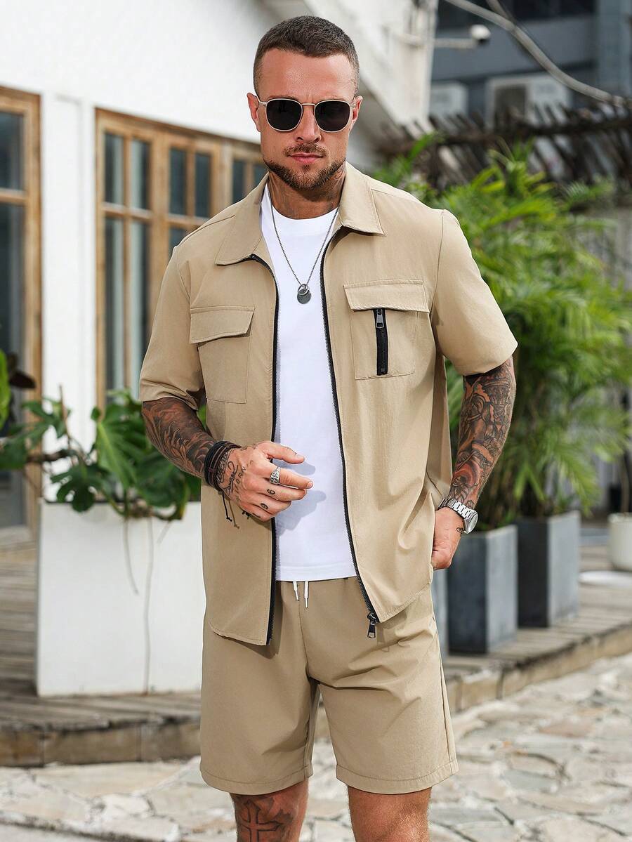 Men's Casual Short Sleeve Shirt And Shorts Set - Khaki - View 1