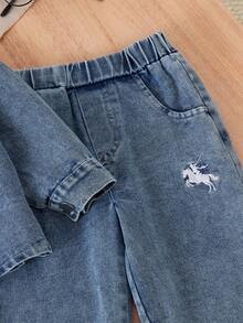 2pcs Baby Girl Cool & Sweet Animal Embroidered Long Sleeve Denim Jacket & Denim Pants Set, Spring/Autumn - Blue - View 7