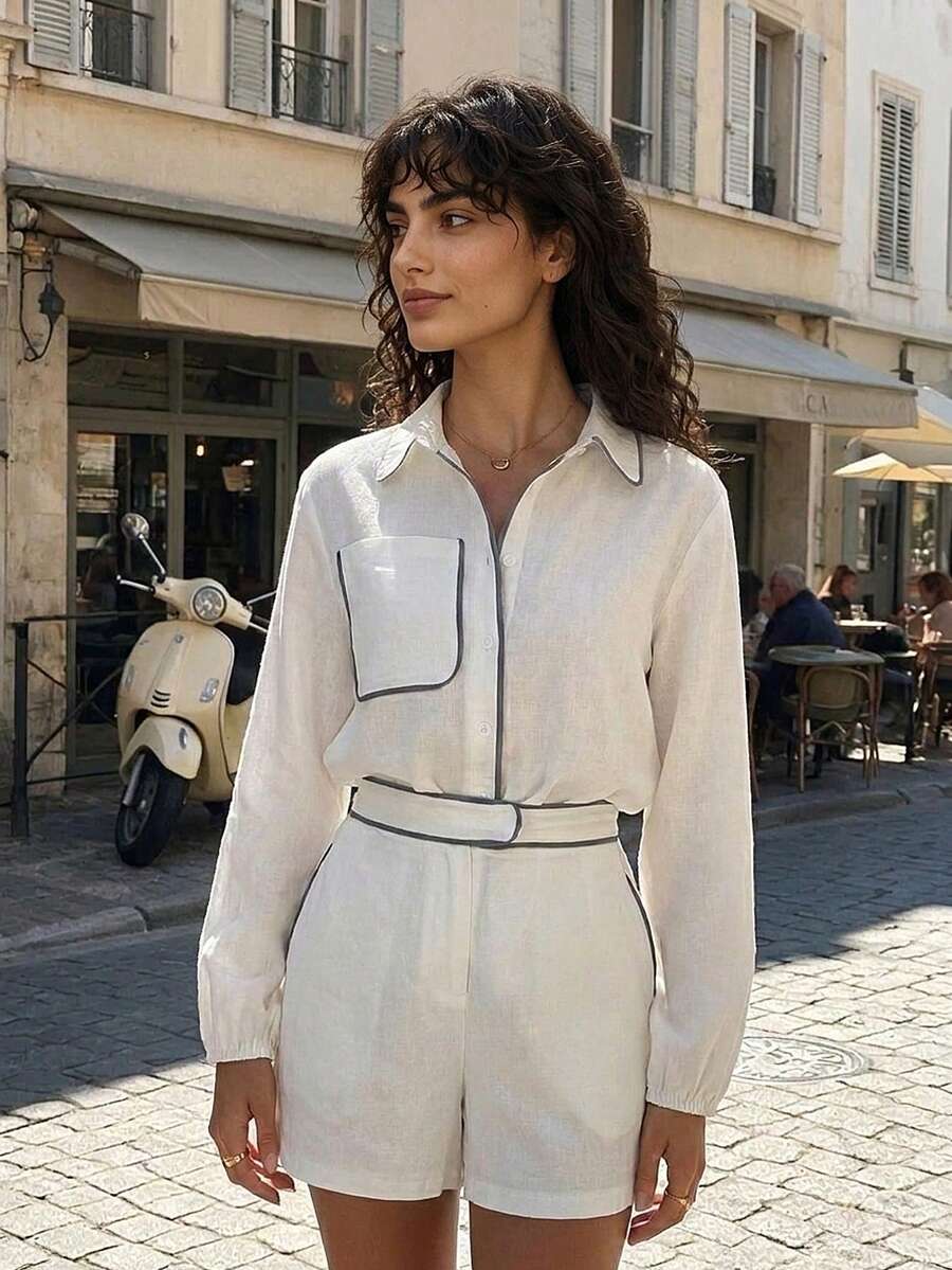 2件組女款休閒對比條紋套裝,拉鍊式拼色居家服,春夏白色優雅款 - 白色 - 查看 1