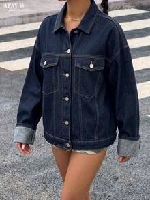 Women's Vintage Washed Denim Jacket Long Sleeve With Pockets, Denim Coat - Tannin Original Color - View 6