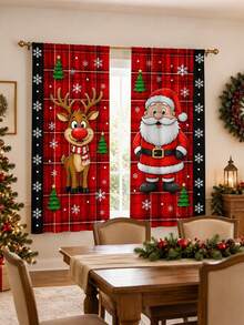 2Pcs Cartoon Santa Claus & Red Nose Reindeer Curtains, Red Plaid Winter Print Pattern, Holiday Window Decor, Semi-Sheer Rod Pocket Curtains, Suitable For Living Room And Bedroom, Rod Not Included, Living Room Christmas Curtains - Cartoon - View 7