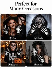 1 Pair Glow-In-The-Dark Halloween Skeleton Print Gloves, Unisex Full Finger Costume Gloves, Party Cosplay Role Play Holiday Accessory - Black - View 7