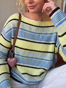 Women Fall Winter Color Block Striped Knit Sweater, Boat Neck Long Sleeve Loose Drop Shoulder Pullover For Daily, Date & Street Wear - Multicolor - View 4