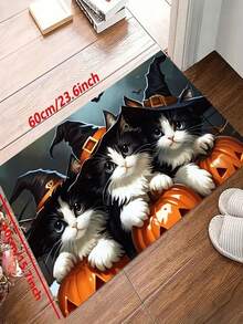 1pc New Halloween Cat With Hat & Pumpkin Floor Mat, Thanksgiving, Suitable For Living Room, Bedroom, Indoor - Machine Washable - Flannel Material, Soft & Comfortable, No Pilling, Water-Resistant, Easy Care, Odorless - Perfect For Home Decor, Room Decor, Living Room Rug, Bedroom Rug, Bathroom Rug, Kitchen Rug, Area Rug, Hotel Decor - Area Rug, All Season - Multicolor - View 3