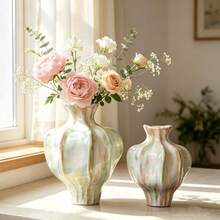 1pc Marbled Pastel Ceramic Vase Set, Irregular Ribbed Flower Vase, Modern Aesthetic Tabletop Home Decor For Living Room - Multicolor - View 3