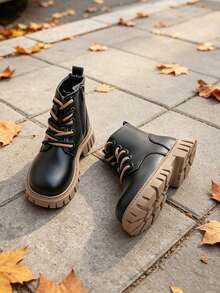 1 Pair Kids British Style Contrast Color Double Lace-Up Boots With Side Zipper, Easy To Put On And Take Off, Suitable For School, Outdoor Outings, And Autumn/Winter Wear - Black - View 5