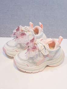 1 Pair Girls' Mesh Breathable Chunky Sneakers With Rhinestone Butterfly Decor, Thick Sole, Soft Bottom, Anti-Slip, Fashion Casual Sports Shoes - Pink - View 1