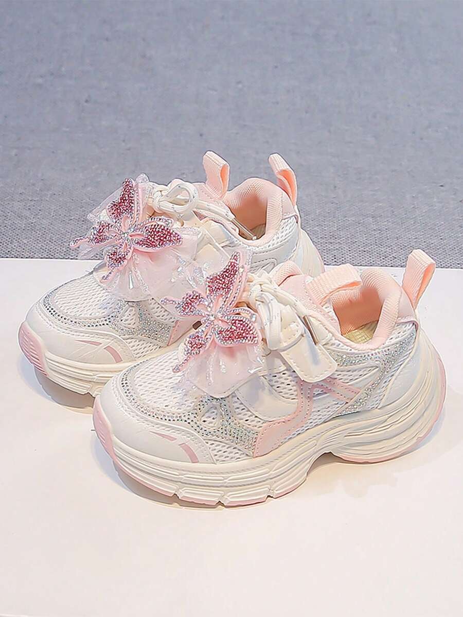 1 Pair Girls' Mesh Breathable Chunky Sneakers With Rhinestone Butterfly Decor, Thick Sole, Soft Bottom, Anti-Slip, Fashion Casual Sports Shoes - Pink - View 1