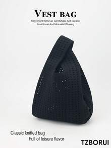迷你輕量可折疊極簡黑色鏤空透氣撞色針織手提包 腕包 鉤針編織 度假穿搭拍照款 學生女款 - 黑色 - 查看 1