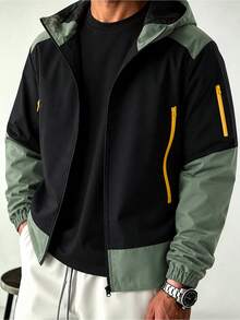 Plus Size Men's Long Sleeve Casual Hooded Sports Jacket With Pockets , Lightweight Jacket Outerwear, Regular Fit, Washable, Color Block Polyester Fabric, Fall - Army Green - View 1