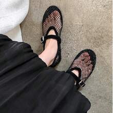 Sepatu Mary Jane Datar Jala Berongga untuk Wanita, Bernapas, Tidak Pengap, Gaya Musim Panas Terbaru, Dihiasi Rhinestone, Sepatu Balet dengan Satu Tali, Sandal Tertutup, Sepatu Jala - Hitam - View 6