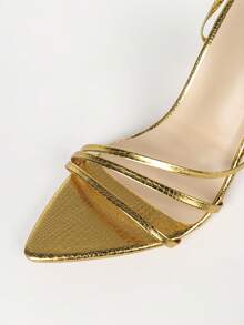 Sandalias de tacón alto para mujer, punta dorada, punta abierta, tacón de aguja, para fiesta de noche, casual, moda, elegante, personalidad, sofisticada, versátil - Dorado - Ver 3