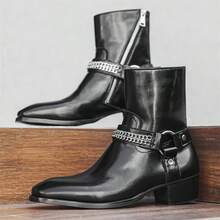 Men's High Heel Chelsea Boots With Double Elastic And Side Zipper - Black - View 11