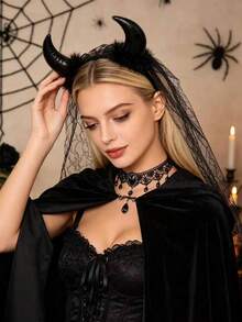 2pcs/Set Halloween Party Black Devil Horn Mesh Headband Dark Lace Veil Headband Gothic Bride Party Cosplay Costume Accessory Stage Performance Headpiece - Multicolor - View 10