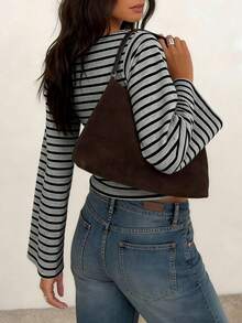 Striped Colorblock Ribbed Long Sleeve T-Shirt For Women, Casual Home Wear - Grey-black - View 3