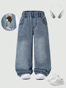 Toddler Cartoon Embroidered Straight Leg Jeans - Blue - View 1