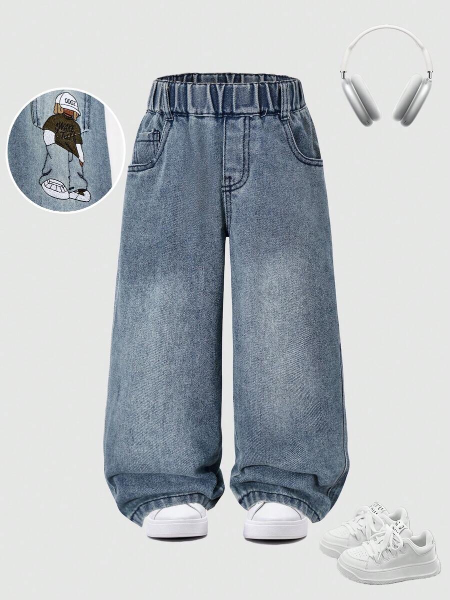 Toddler Cartoon Embroidered Straight Leg Jeans - Blue - View 1