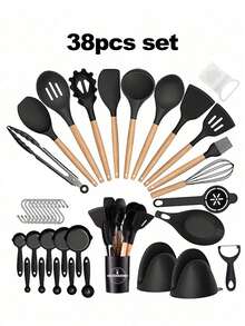 Juego de 36 piezas, 36 piezas de utensilios de cocina de silicona, juego de utensilios de cocina resistentes al calor con mangos de madera, utensilios de cocina antiadherentes, que incluyen cucharas raspadoras, artículos de cocina, accesorios de cocina, artículos para el hogar - Negro - Ver 18