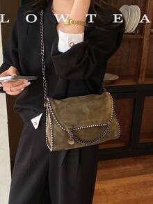 low tea 1pc Fashion Square Flap Suede Crossbody Bag Suitable For Commuting, Shopping And More - Dark Green - View 2