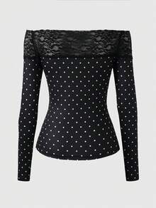 Women's Autumn Casual Minimalist Elegant Sexy Hot Girl Black Polka Dot Square Neck Long Sleeve All-Match Versatile Top For Going Out, Home, Streetwear, Casual Daily Wear - Black - View 8