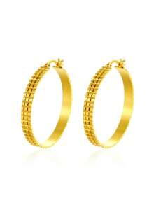 European & American Vintage Style Metal Square Grid Texture Large Hoop Earrings, Gold Versatile Geometric Round Earrings, Exaggerated Spicy Girl Accessory For Party, Vacation, Daily Commute - Gold - View 7