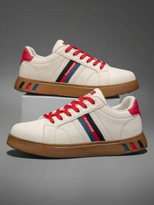 Men's Classic Beige Striped Colorblock Design Casual Sneakers, Versatile Comfortable Outdoor Skateboard Shoes - Beige - View 6