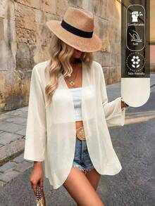 EARO Vacation Casual Solid Color Flare Sleeve Sheer Lightweight Jacket Spring - Apricot - View 1