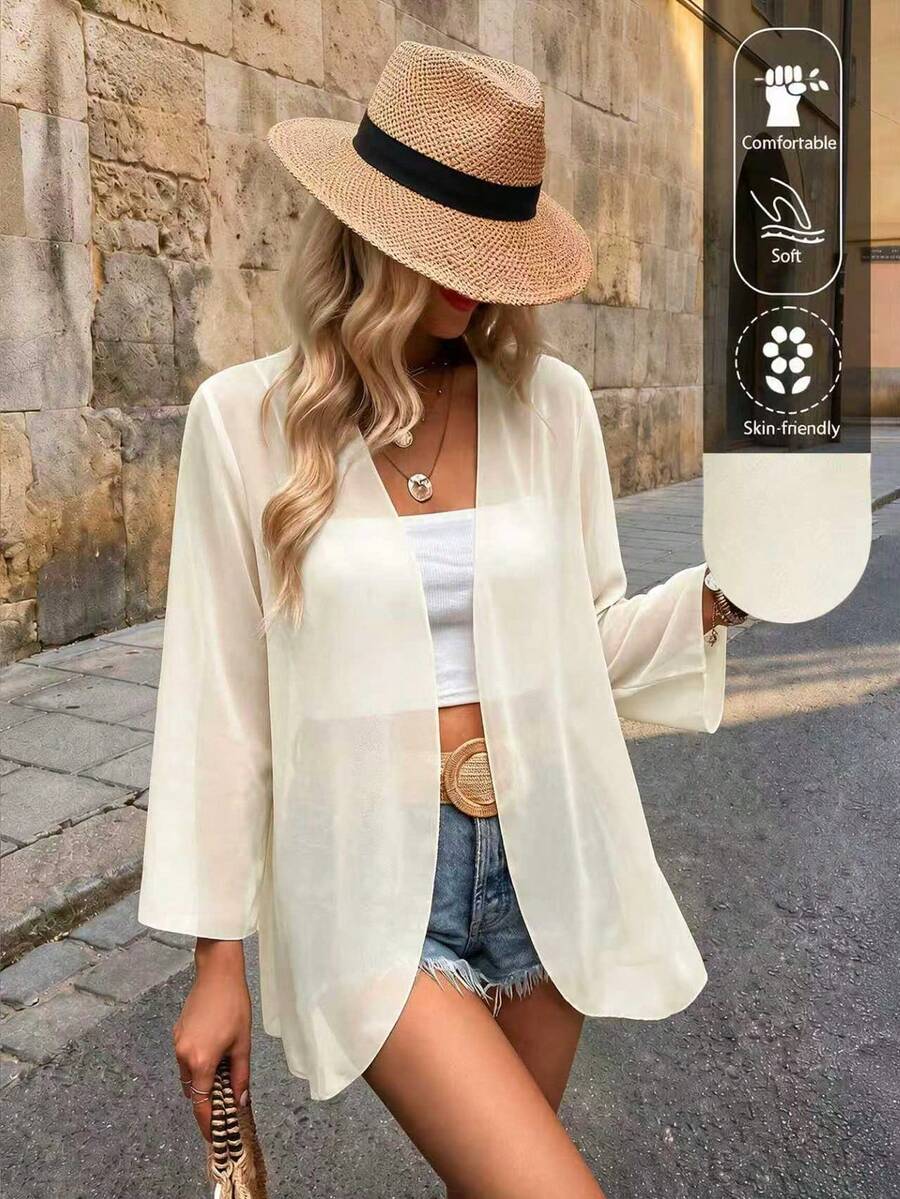 EARO Vacation Casual Solid Color Flare Sleeve Sheer Lightweight Jacket Spring - Apricot - View 1