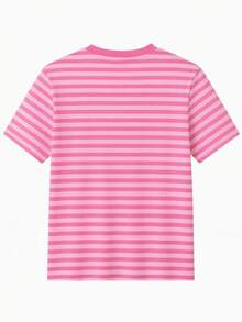 經典條紋 Y2K 百搭夏季女款休閒圓領短袖簡約 T-shirt，適合度假、海灘 - 淺粉色 - 查看 4